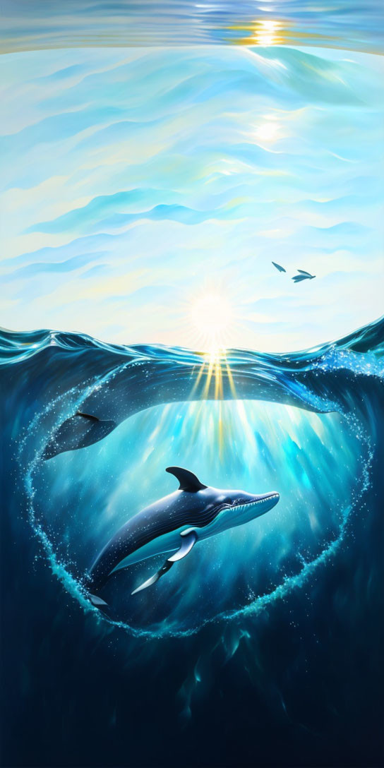 Tranquil underwater whale scene with sunbeam and fish in blue gradient