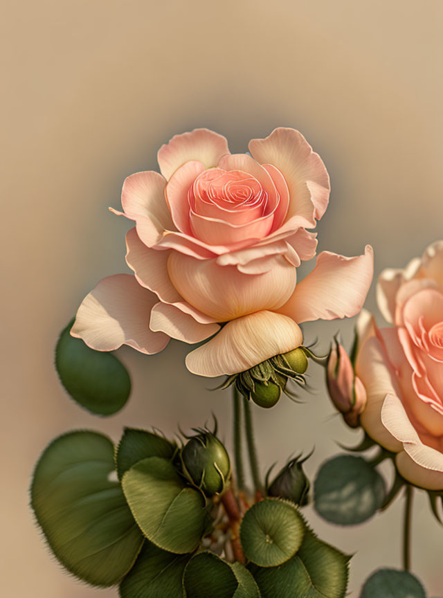 Delicate peach-colored rose in bloom with buds and green leaves on blurred beige background