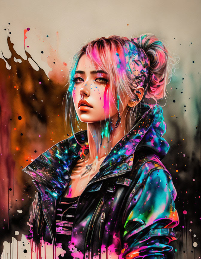 Colorful digital artwork featuring person with multicolored splashes and streaks