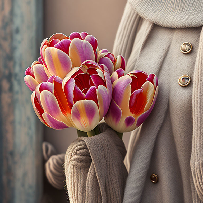 Colorful Tulip Bouquet Held Against Beige Coat and Blue Background