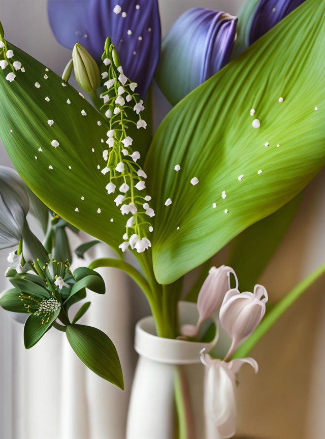 Purple and White Flower Bouquet in White Vase with Tulips and Lilies