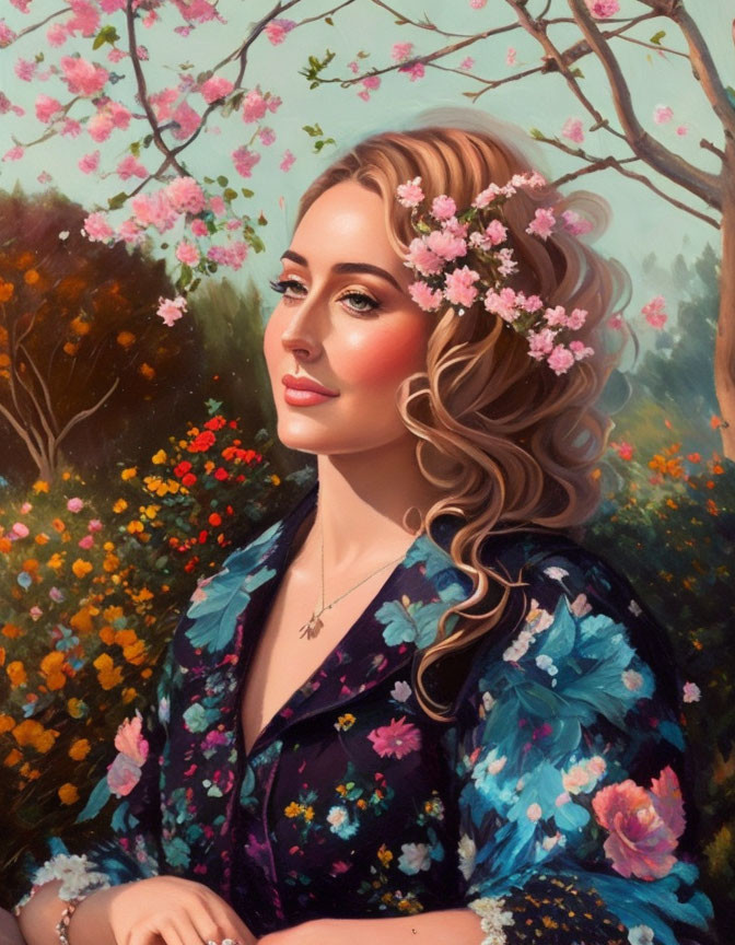 Woman with Floral Crown and Wavy Hair in Springtime Setting