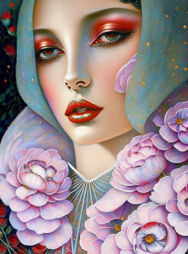 Portrait of woman with red eye-shadow, floral veil, purple flowers, and necklace