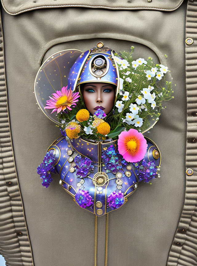 Futuristic knight digital art with floral face, gold-accented violet armor