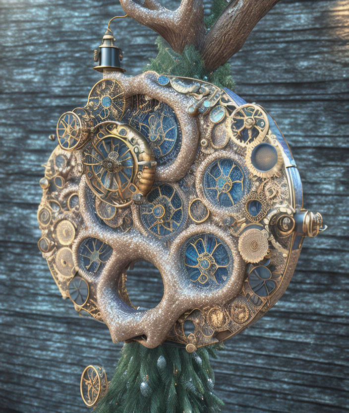 Intricate circular clockwork gears on wooden background