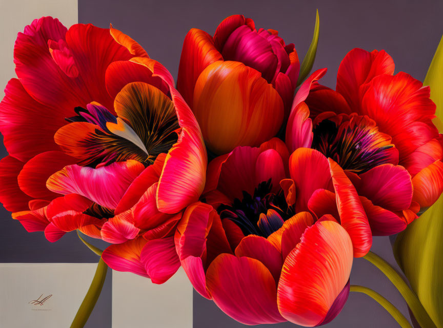 Detailed digital painting of red and orange tulip bouquet on dual-tone background