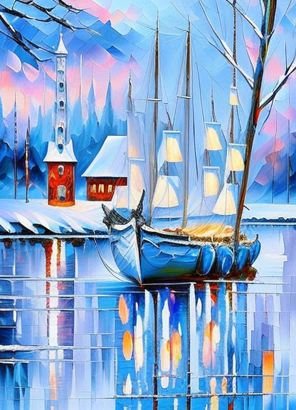 Vibrant winter painting: sailboats on calm river, red house, church spire.