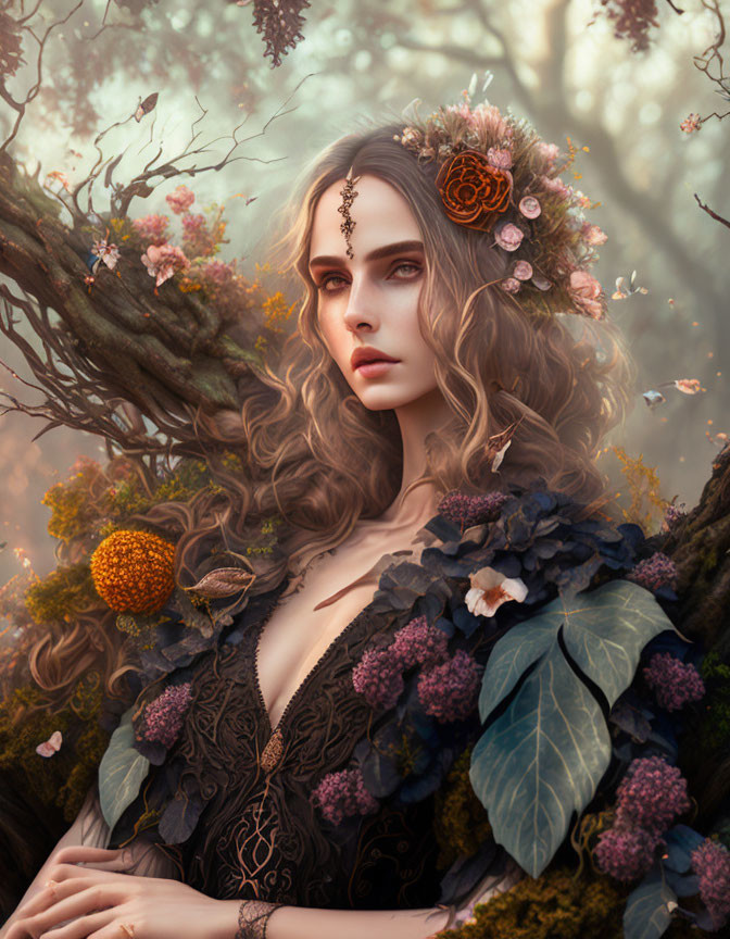 Mystical woman adorned with flowers in forest setting symbolizes nature and fantasy blend