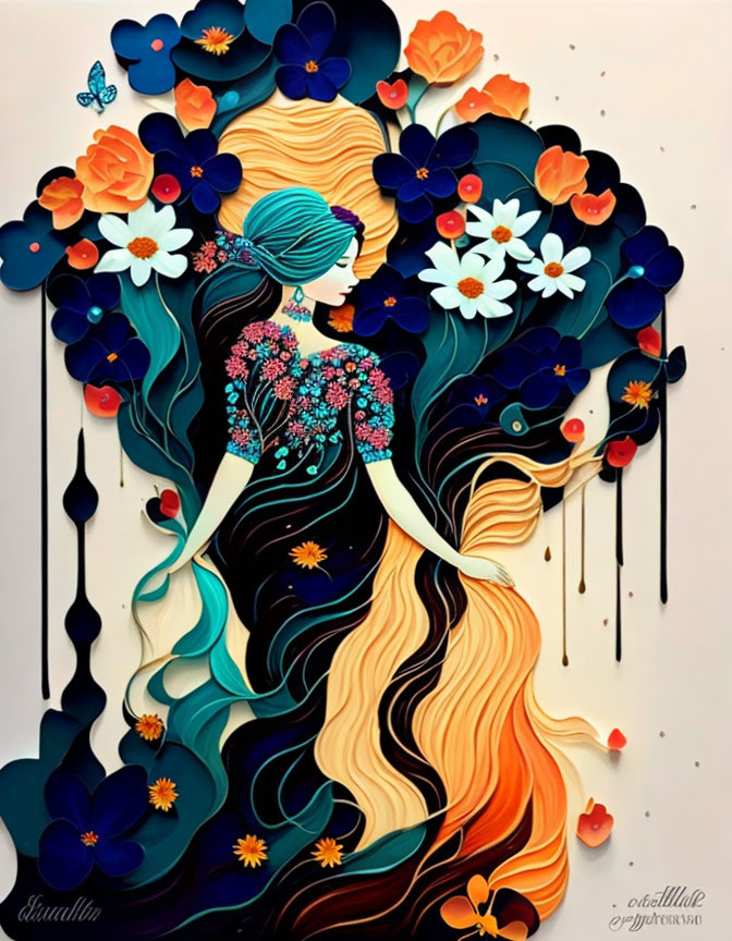 Colorful paper cut-out of woman with flowing hair among 3D flowers