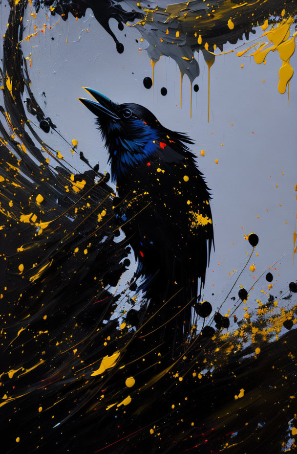 Vibrant abstract crow painting with black, yellow, and white splatters on dark backdrop