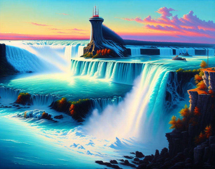 Digital Art: Fantasy Waterfall with Blue Waters and Autumn Trees