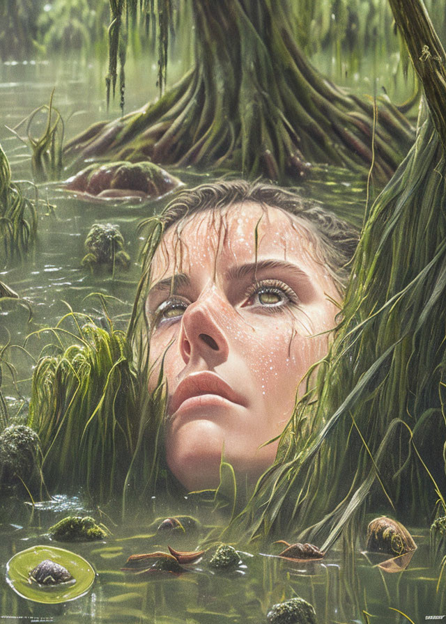 Face of woman emerges from murky water with green vegetation and tree roots.