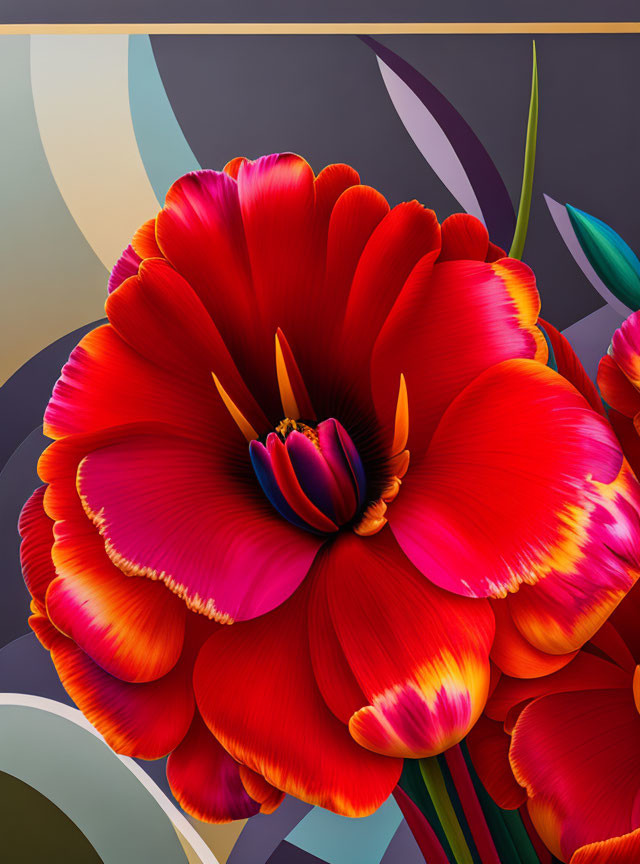 Colorful digital illustration: Red flower with yellow and purple accents on abstract background