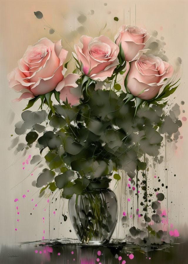 Digital Artwork: Pink Roses Bouquet in Glass Vase with Paint Splatter Effect