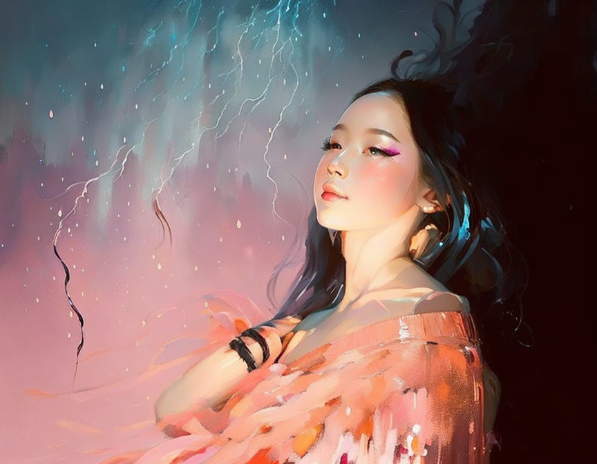 Young woman with dark hair in cosmic setting with pink and celestial elements