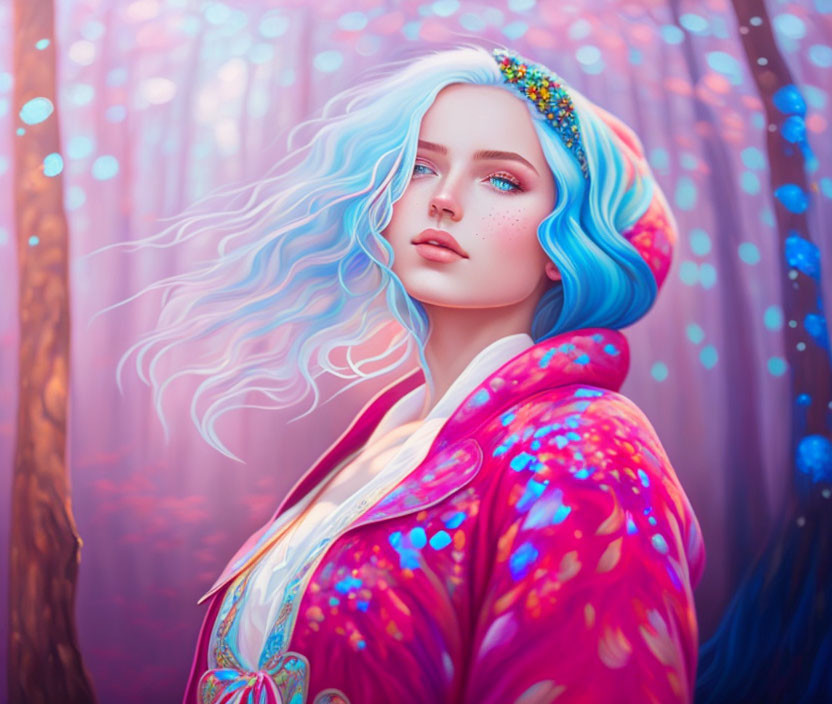 Digital art portrait of a woman with blue hair in forest setting