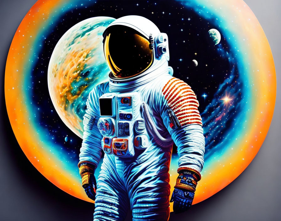 Detailed astronaut in spacesuit with vibrant moon and swirling galaxies reflected in helmet