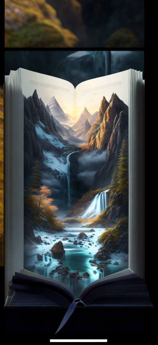 Illustrated open book with magical mountain landscape.