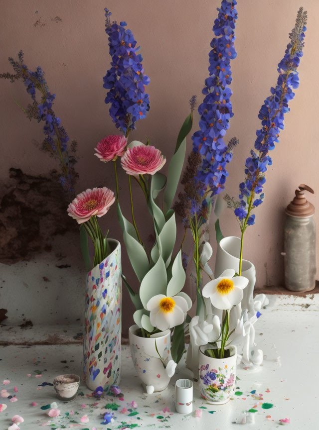 Colorful bouquet of flowers in vases on pink background with scattered petals.