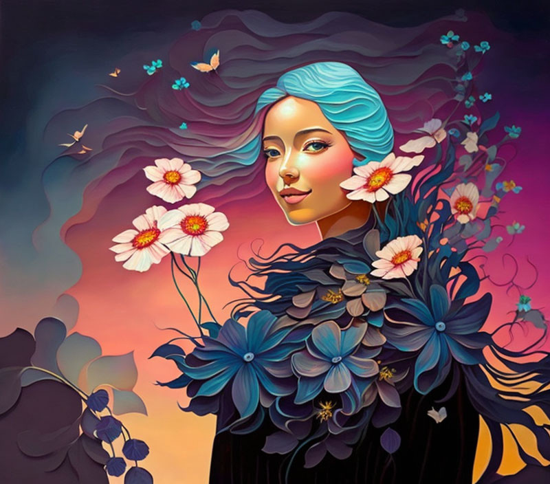 Surreal portrait of a woman with blue hair, flowers, and butterflies