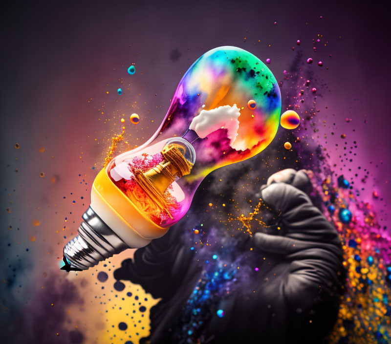 Vibrant light bulb with colorful paint splatters held by gloved hand