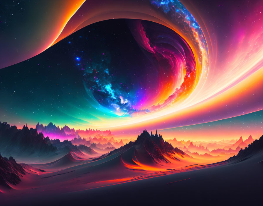 Colorful digital art: Cosmic skies over misty mountains