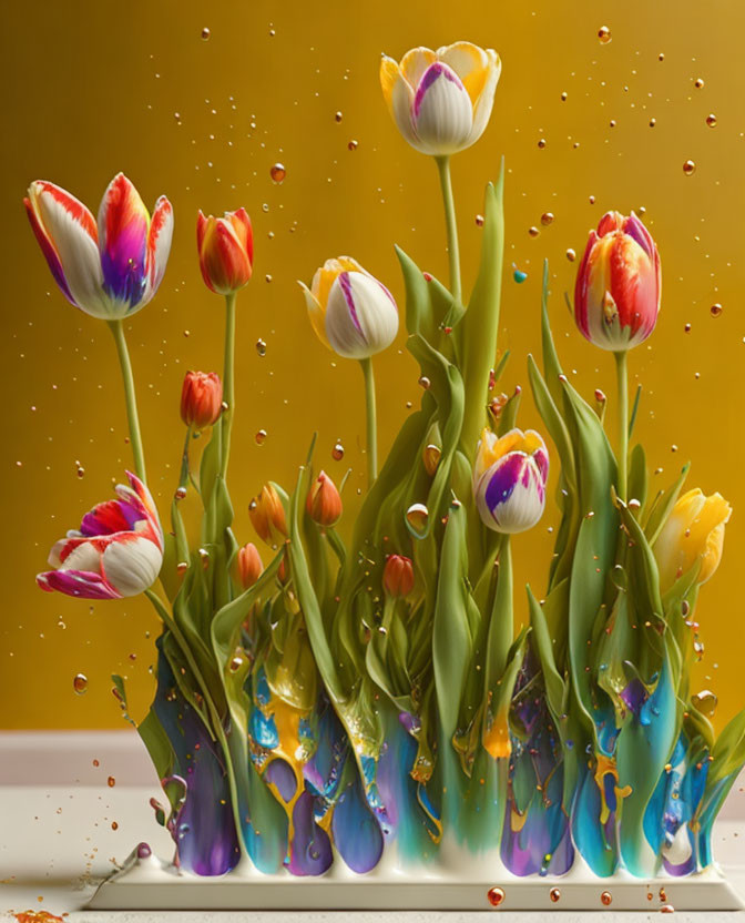 Vibrant paint splashes on colorful tulips against yellow background