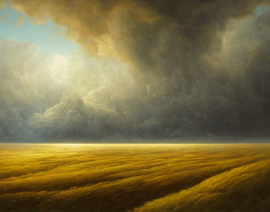 Dramatic landscape with golden field and stormy sky