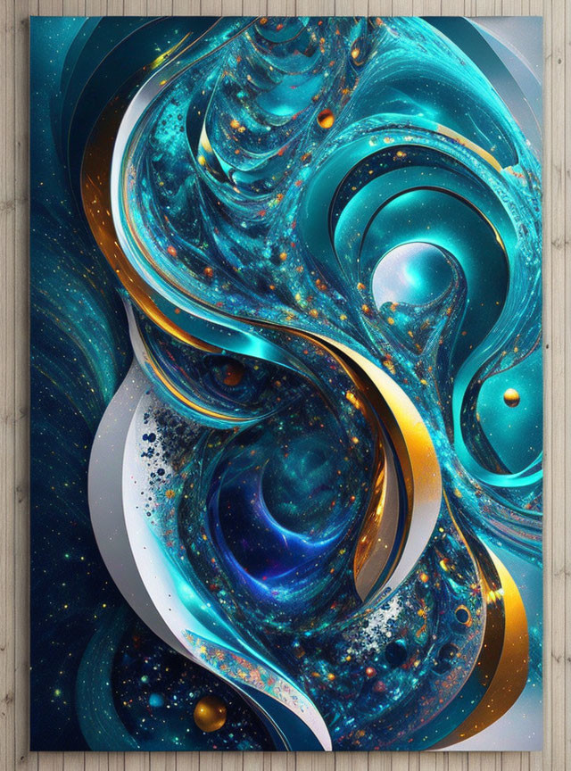 Abstract Blue and Gold Swirling Patterns with Cosmic Themes on Canvas