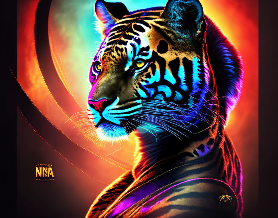 Colorful Tiger Artwork with Neon Blue and Pink Hues