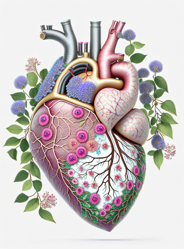 Human heart with plant elements and flowers in artistic illustration