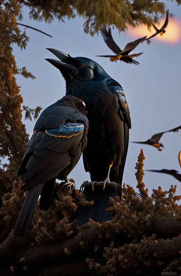 Black Bird with Glossy Feathers Perched on Branch at Sunset