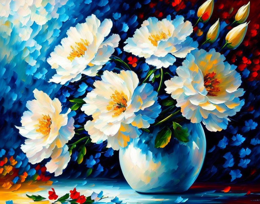 Colorful painting of white flowers in blue vase on textured background