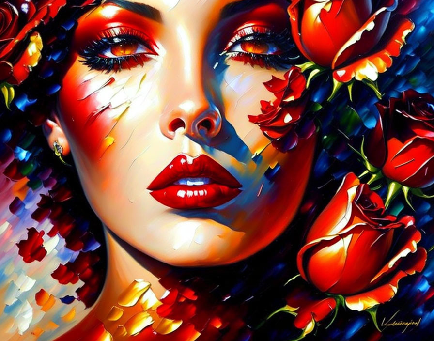 Colorful portrait of a woman with red roses and bold contrasts capturing intense expression