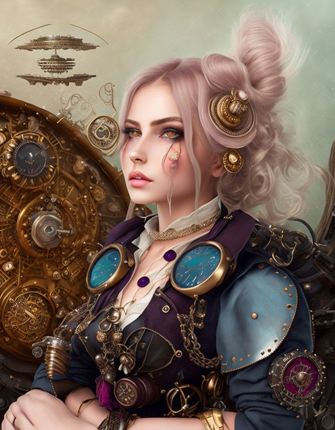 Fantasy steampunk portrait featuring woman with violet eyes and brass gears