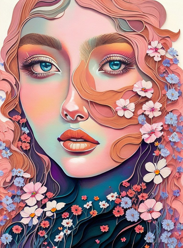 Colorful floral wavy hair portrait of a woman with striking eyes