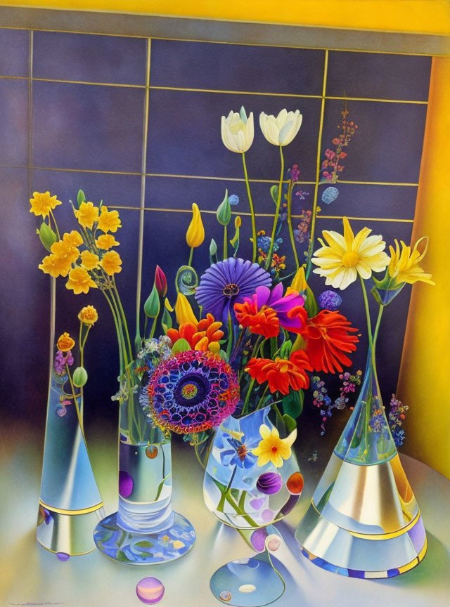 Vibrant Flower Painting with Transparent Vases and Marbles on Reflective Surface