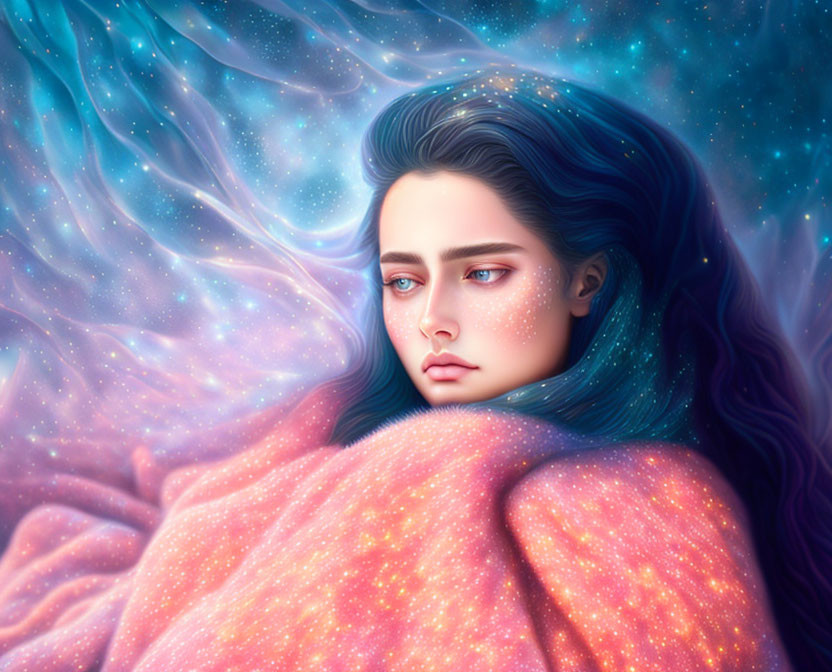 Woman with Blue Hair in Cosmic Setting Hugging Knees in Pink Blanket