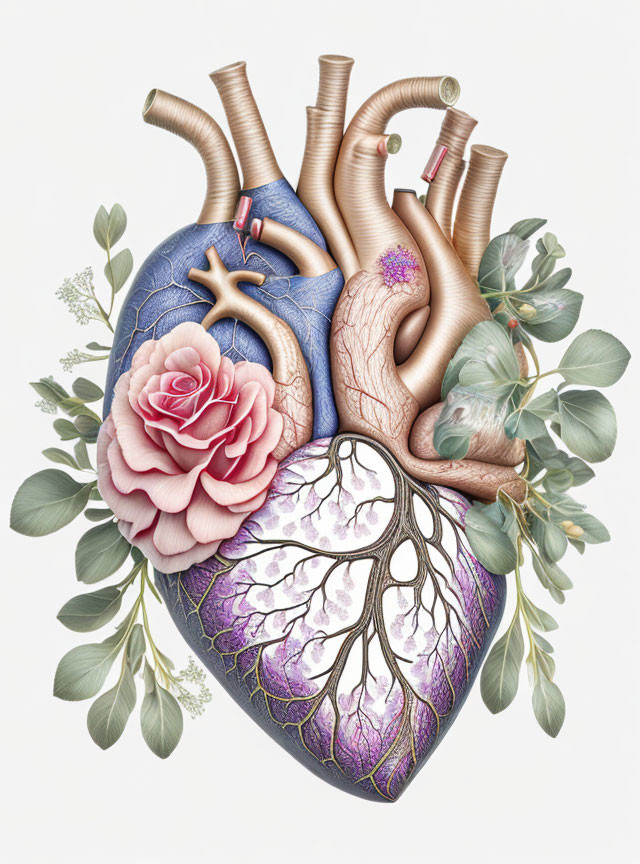Detailed human heart illustration with large rose and green foliage twist