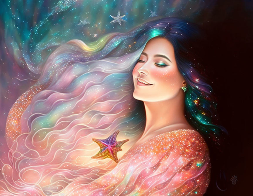 Woman's hair blends into starry cosmos with starfish accents, emanating dreamy vibe