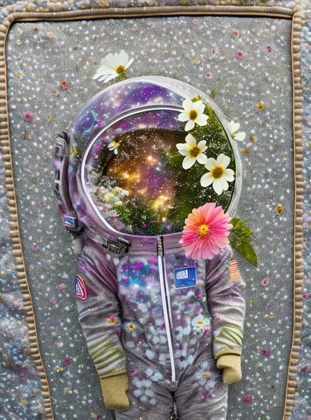 Floral Astronaut Suit with Cosmic Scene and Starry Background