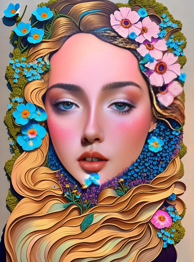 Stylized portrait of woman with golden hair and floral background