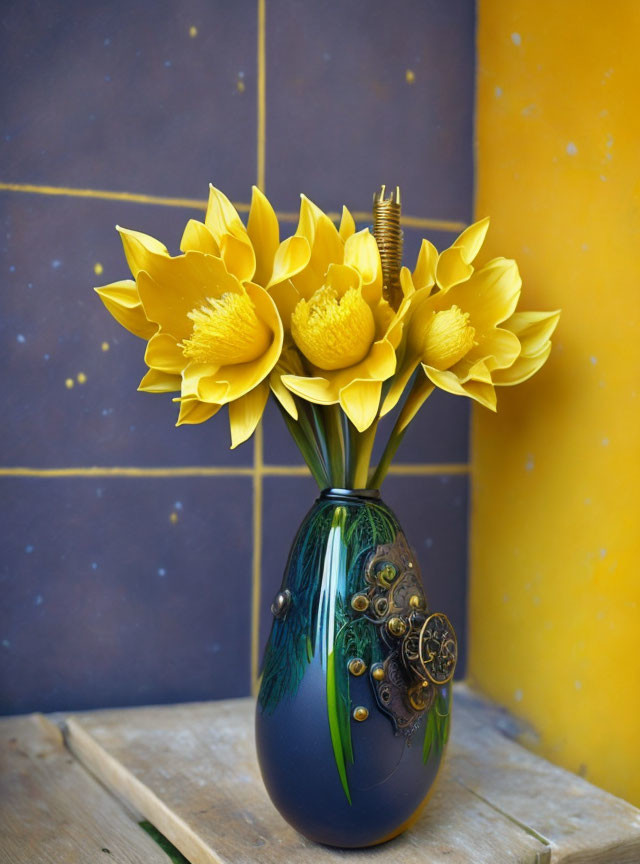 Yellow Tulips in Steampunk-Style Blue Vase on Purple and Yellow Background