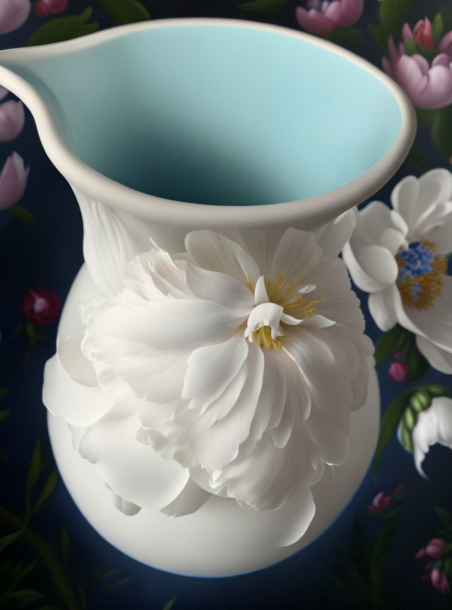 White ceramic jug with large flower on dark floral background