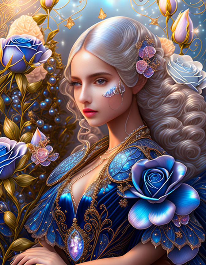 Digital artwork: Woman with silver hair in blue attire, ornate flowers, golden accents