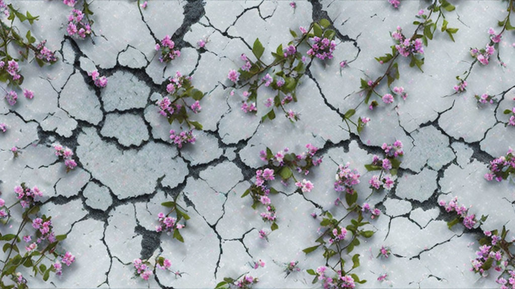 Vibrant pink flowers and green leaves on cracked grey concrete