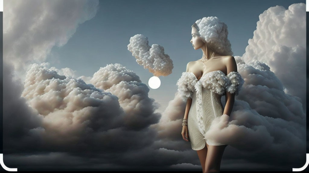 Surreal image of woman with cloud-like hair and dress in sunset scene