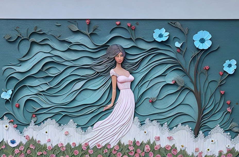 3D wall art of woman in dress with floral elements