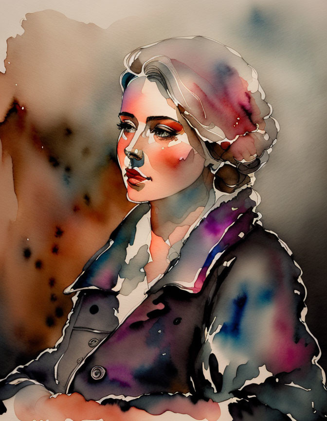 Vibrant watercolor portrait of a thoughtful woman