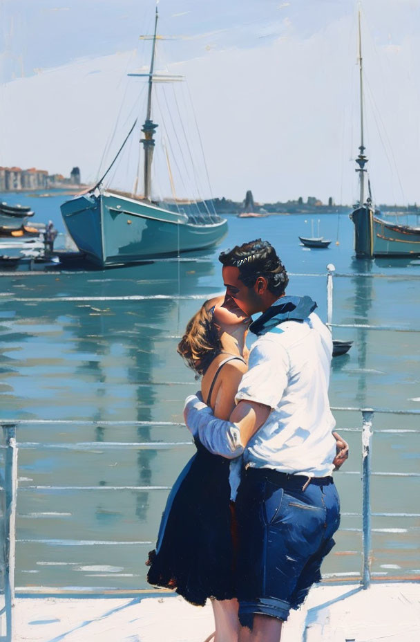 Embrace on Sunny Dock with Blue Waters and Boats